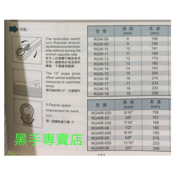 黑手專賣店 附發票台灣製 ALSTRONG RGWS-07 7支組雙向棘輪梅開板手組 雙向棘輪板手組 雙向快速板手