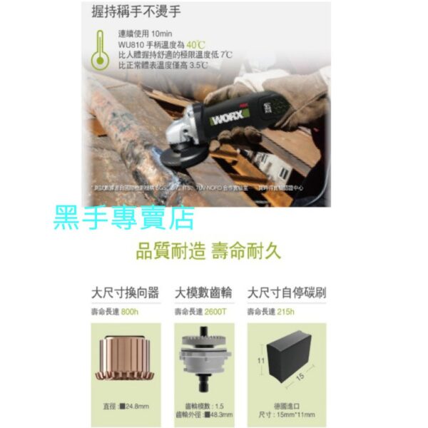 黑手專賣店  附發票 原廠保固 WORX威克士 WU810L 強力750W 4吋砂輪機 細柄設計 4"砂輪機 插電式