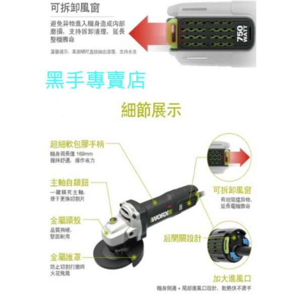 黑手專賣店  附發票 原廠保固 WORX威克士 WU810L 強力750W 4吋砂輪機 細柄設計 4"砂輪機 插電式