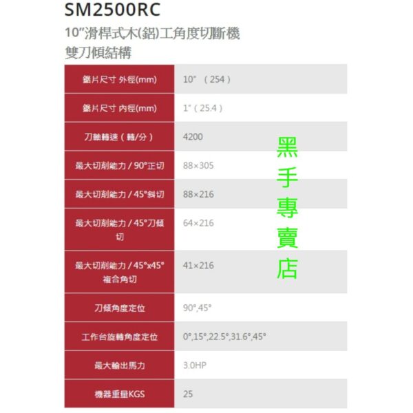 黑手專賣店 附發票 附鋸片 力山 REXON SM2500RC 10吋滑桿式角度切斷機 木工角度切斷機