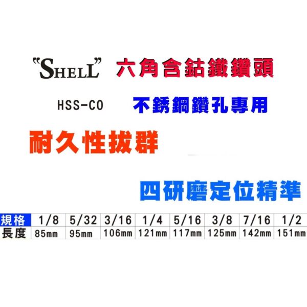 黑手專賣店 附發票 採用四面研磨鑽頭中心定位準 可鑽白鐵 SHELL 英制規格 六角柄含鈷鑽頭 含鈷六角柄鑽頭