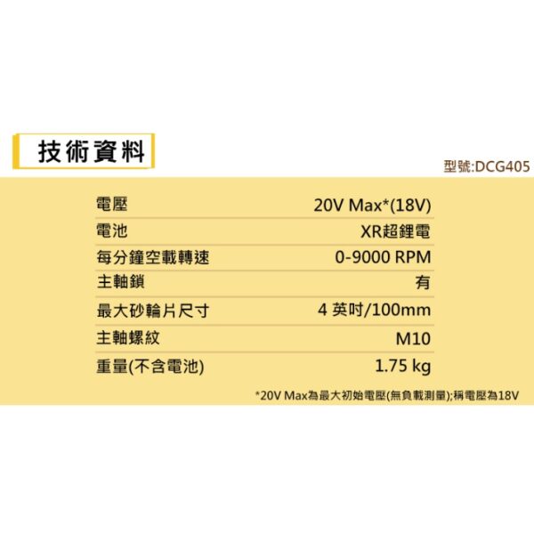 日昌五金含稅 正公司貨有保固 DEWALT 得偉 20V 無刷4吋砂輪機 DCG405B DCG405P2 DCG4