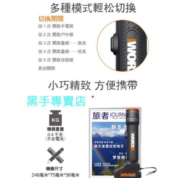 黑手專賣店 附發票 原廠保固 WORX 德國威克士 WX027 全周光 20VLED工作燈 LED手電筒 LED探照燈