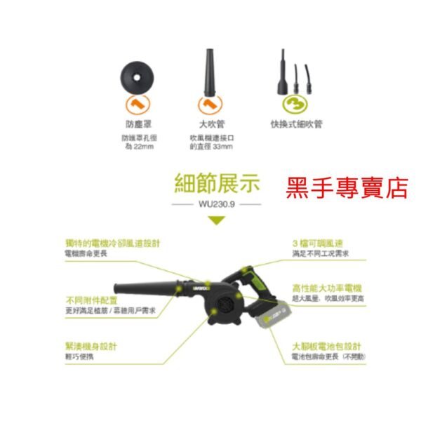 黑手專賣店 附發票 原廠保固 威克士 WORX WU230 20V鋰電吹風機 吹葉機 充電吹風機 電動吹塵機