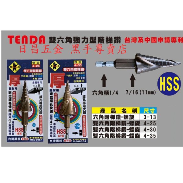 黑手專賣店 附發票 可直接鑽透4mm厚鐵板 HSS材質表面鍍鈷 TENDA 雙六角階梯鑽 HSS階梯鑽鍍鈷階梯鑽