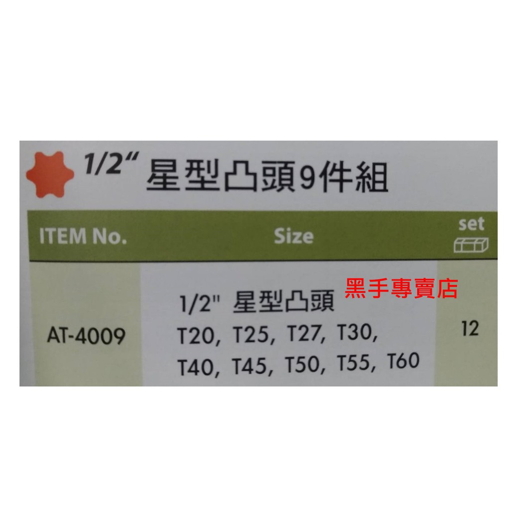黑手專賣店 附發票 J.YG 型號AT-4009 1/2吋星型凸頭9件組 4分星型套筒組 四分星型套筒組 星型套筒組