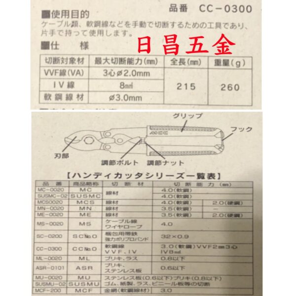 日昌五金 附發票日本 MCC 電纜剪 CC-0300 電線剪刀 電纜剪刀 軟鋼線剪刀 CC0300 電纜鉗 電纜刀