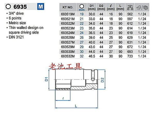 黑手專賣店 附發票KING TONY 3/4" 公制六角氣動薄壁長套筒 6分氣動套筒 六分套筒 6分套筒組 6935M