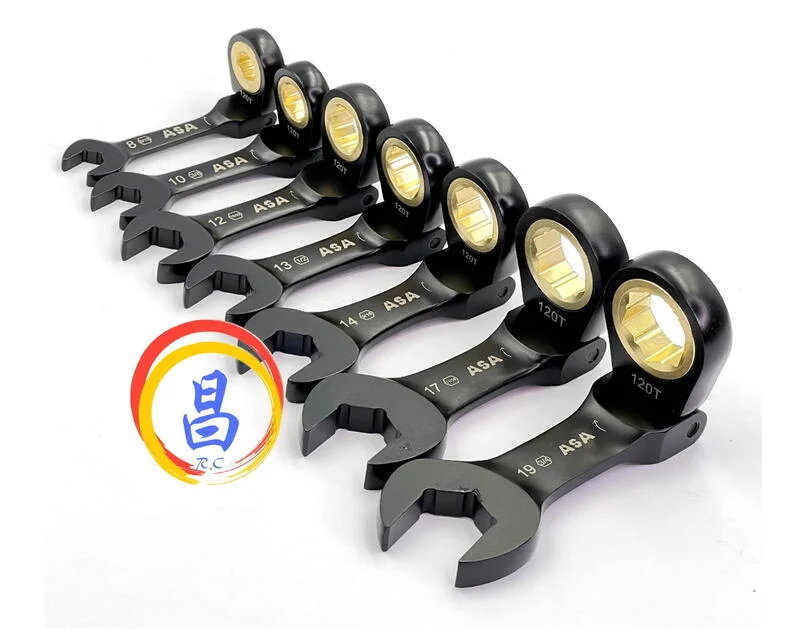 日昌五金 附發票 台灣製 ASA 單向黑鉻可搖頭短型公英制棘輪板手 12面120齒專利防滑牙棘輪板手 棘輪梅開板手
