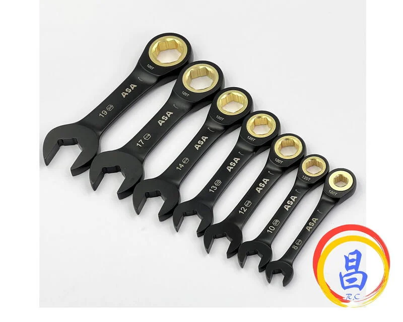 日昌五金 附發票 台灣製 ASA 單向黑鉻短型固定公英制棘輪板手 12面120齒專利防滑牙棘輪板手 棘輪梅開板手