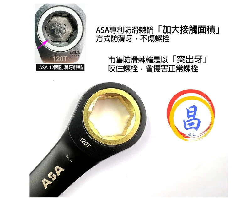 日昌五金 附發票 台灣製 ASA 單向黑鉻短型固定公英制棘輪板手 12面120齒專利防滑牙棘輪板手 棘輪梅開板手:圖片 2