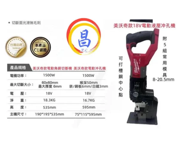 日昌五金 附發票 原廠機改裝 牧田.米沃奇.德偉電池用 單主機賣場 20V充電式角鋼切斷機 20V電動沖孔機：圖片 4
