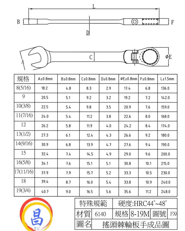 日昌五金 附發票 台灣製 ASA 單向黑鉻可搖頭公英制棘輪板手 12面120齒專利防滑牙棘輪板手 棘輪梅開板手:圖片 5