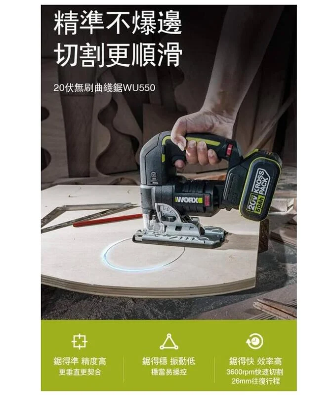 日昌五金含稅 威克士 天恕公司貨 WORX WU550 無刷鋰電曲線鋸 多功能電鋸 往復鋸 WU550.9 木板切割:圖片 7