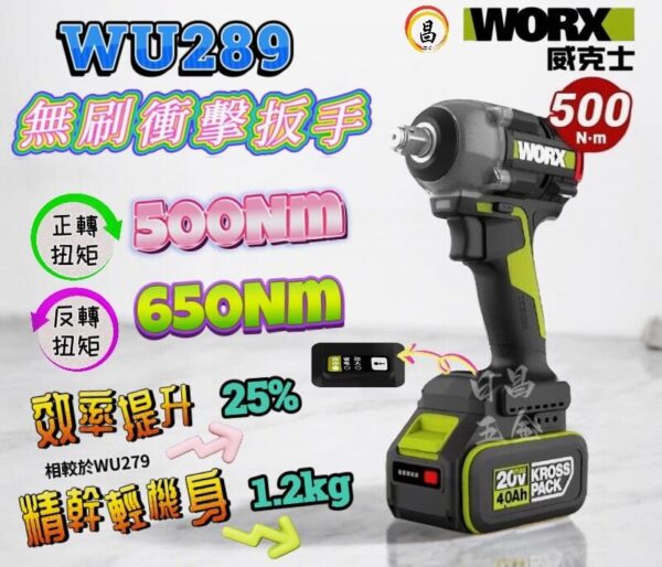 含稅 威克士 WU289 20V 無刷衝擊扳手 500Nm 拆輪胎 扳手 汽修保養 電動扳手 WU279升級 扳手機