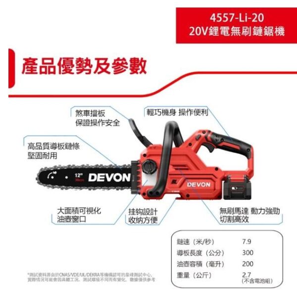 日昌五金 含稅 DEVON 大有 4557-Li-20 20V 12吋鋰電無刷鏈鋸機 鋸樹 充電無刷鏈鋸機