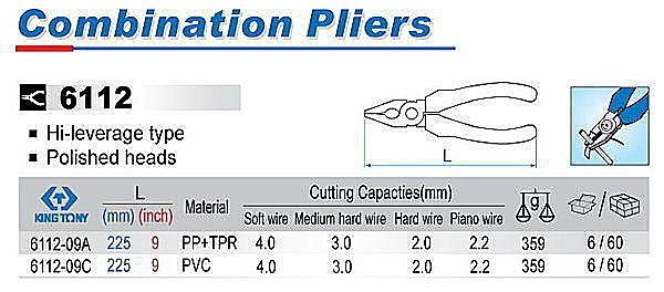 黑手專賣店 附發票 KING TONY 藍帶工具 德式藍柄鋼絲鉗 (省力型) 尖嘴鉗 鯉魚鉗 6112-09C:圖片 2