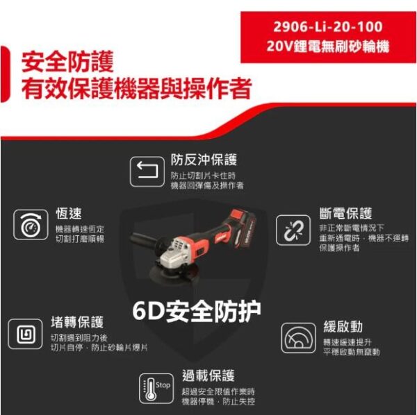 日昌五金 含稅 DEVON 大有 2906-Li-20-100 20V鋰電 無刷鋰電砂輪機 角磨機 切割機：圖片 6