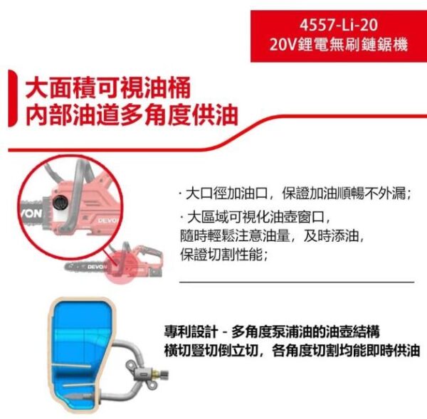 日昌五金 含稅 DEVON 大有 4557-Li-20 20V 12吋鋰電無刷鏈鋸機 鋸樹 充電無刷鏈鋸機：圖片 6