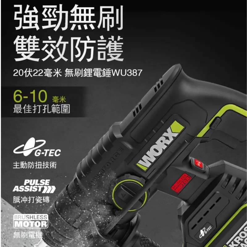 含稅 WORX 威克士 WU387 無刷鎚鑽 免出力 鋰電 鎚鑽 20V 衝擊電鑽 陀螺儀 防扭 電錘 電鎬:圖片 2