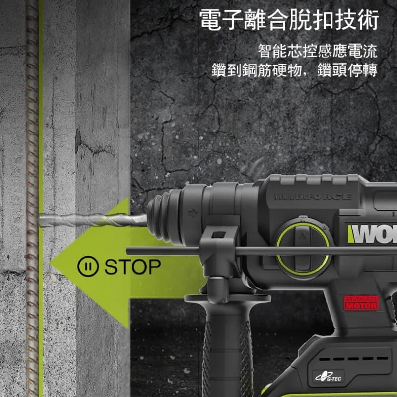 含稅 WORX 威克士 WU387 無刷鎚鑽 免出力 鋰電 鎚鑽 20V 衝擊電鑽 陀螺儀 防扭 電錘 電鎬:圖片 6