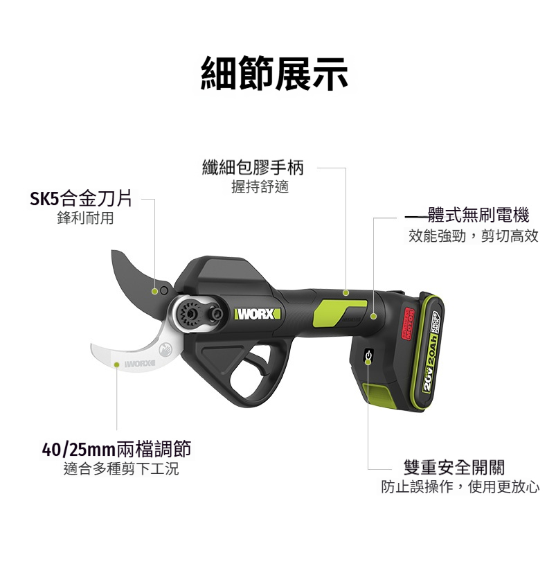 含稅 WORX 威克士 WU571 鋰電修枝剪 20V 電動剪刀 電動剪 修枝剪 樹枝剪 園藝剪刀:圖片 7